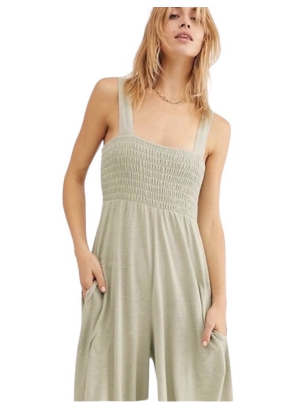 NWT free people beach homecoming Smocked Square Neck Wide Leg Jumpsuit size S